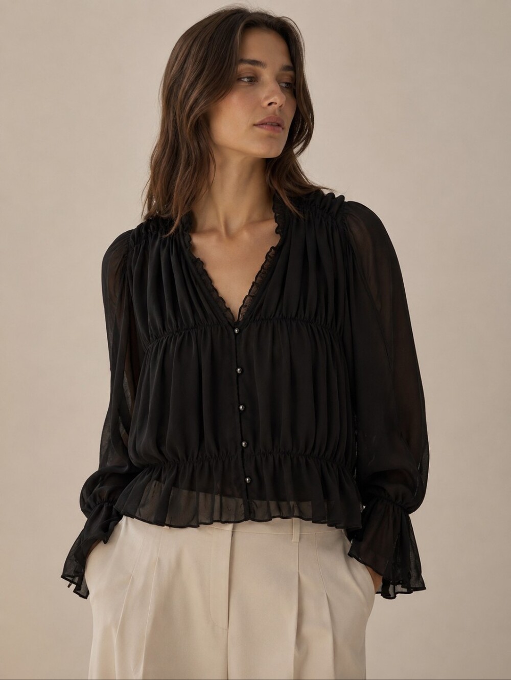 Sheer Black Ruched Balloon Sleeve Blouse, L, Dark Romance, Parisian, Minimalist